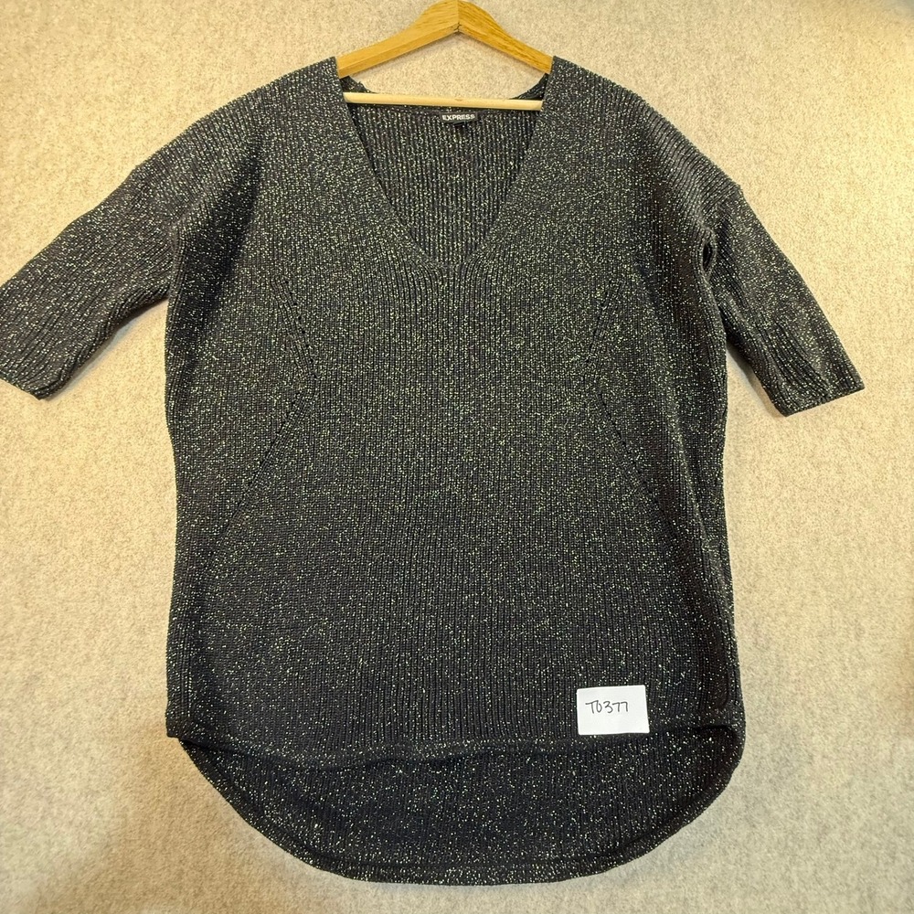 Express Black Gold Metallic Sparkle Ribbed V-Neck High Low Sweater Womens Medium